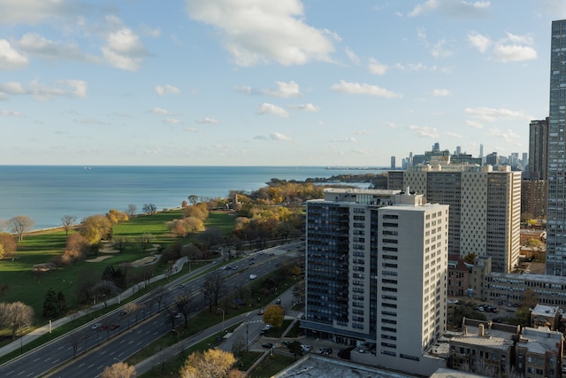 birds eye view of property with a water view