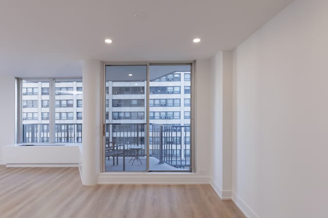 empty room featuring expansive windows and light wood-type flooring