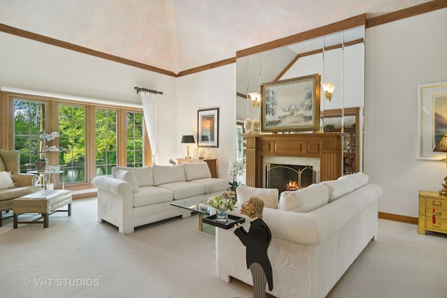 living room with light colored carpet, high vaulted ceiling, and a premium fireplace