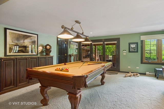 recreation room featuring french doors, light colored carpet, and pool table