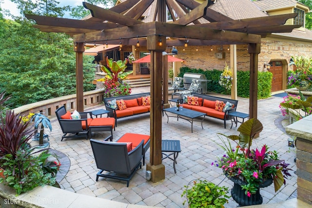 view of patio / terrace with an outdoor living space and a pergola