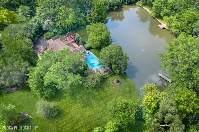 drone / aerial view featuring a water view