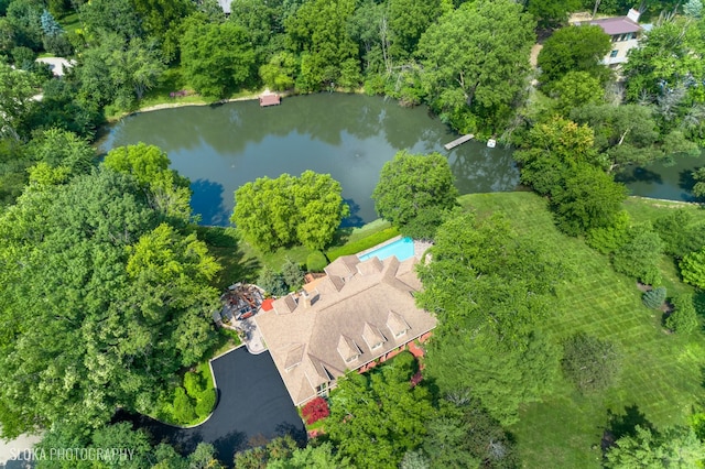 aerial view featuring a water view