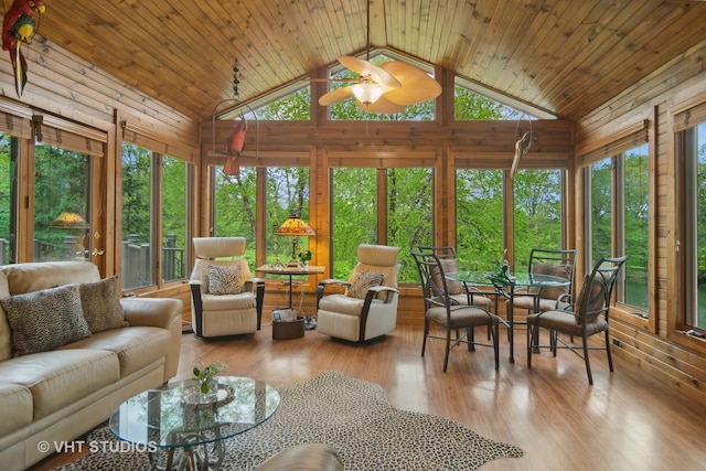 sunroom / solarium featuring ceiling fan, a healthy amount of sunlight, vaulted ceiling, and wooden ceiling