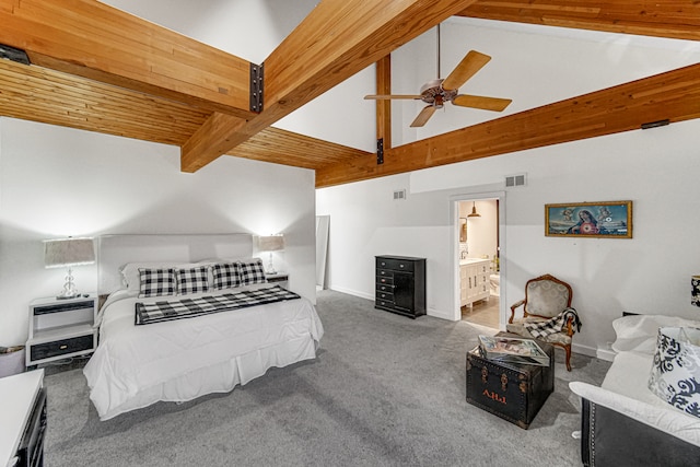 carpeted bedroom with connected bathroom, ceiling fan, beamed ceiling, and high vaulted ceiling