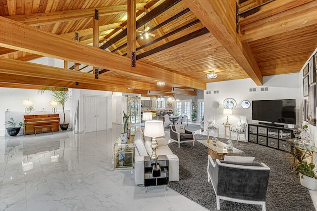 unfurnished living room with beam ceiling, wood ceiling, and high vaulted ceiling