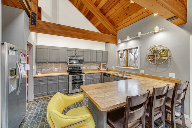 kitchen featuring wood counters, backsplash, sink, appliances with stainless steel finishes, and kitchen peninsula