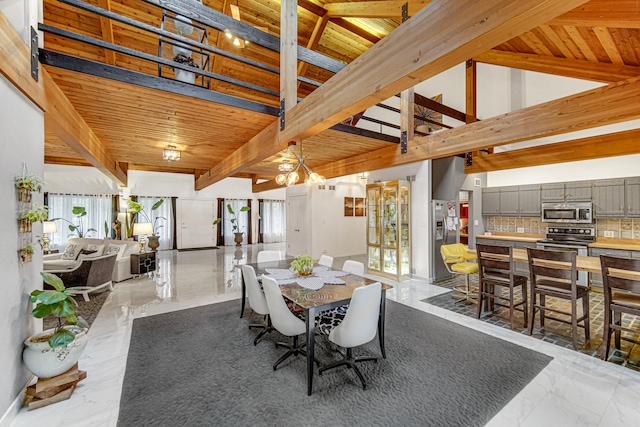 dining area with vaulted ceiling with beams, wooden ceiling, and an inviting chandelier