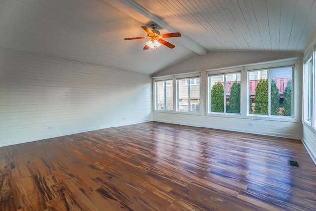 interior space with lofted ceiling with beams, dark hardwood / wood-style floors, wooden ceiling, and ceiling fan