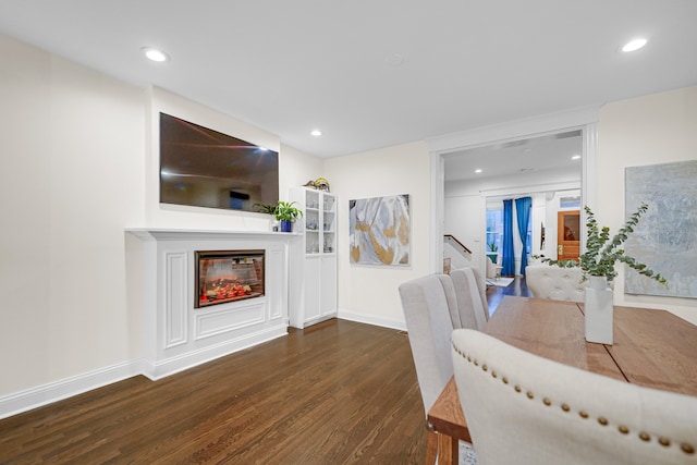 dining area with dark wood-type flooring