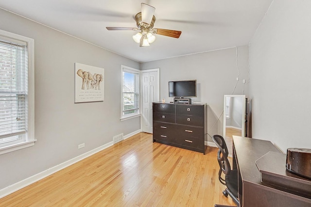 office area featuring ceiling fan and light hardwood / wood-style flooring