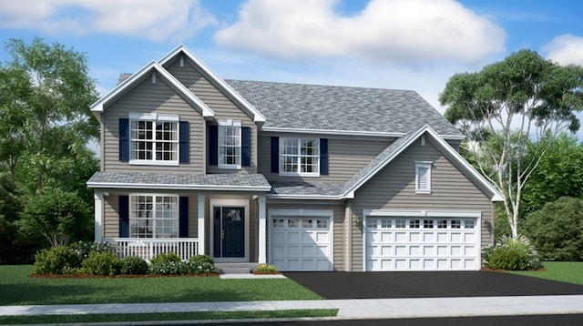 view of front facade featuring covered porch, a garage, and a front lawn