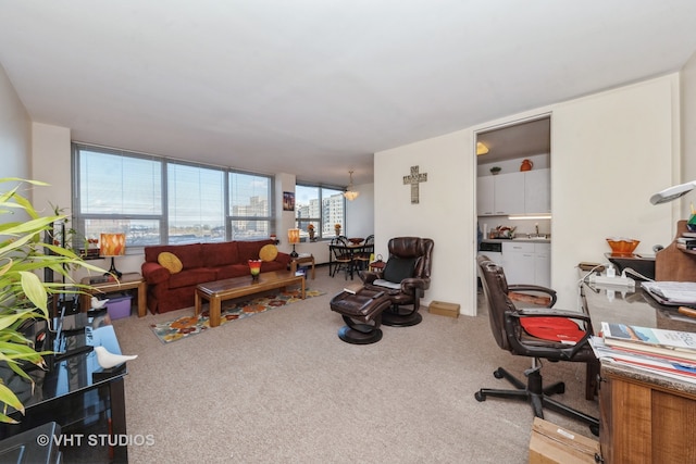 living room featuring light carpet