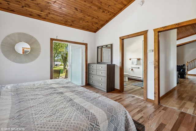 bedroom with a baseboard heating unit, connected bathroom, light hardwood / wood-style flooring, and wooden ceiling