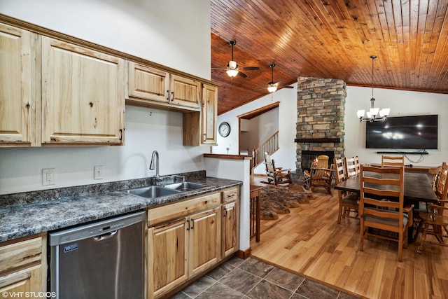 kitchen with wooden ceiling, dark hardwood / wood-style floors, stainless steel dishwasher, and lofted ceiling