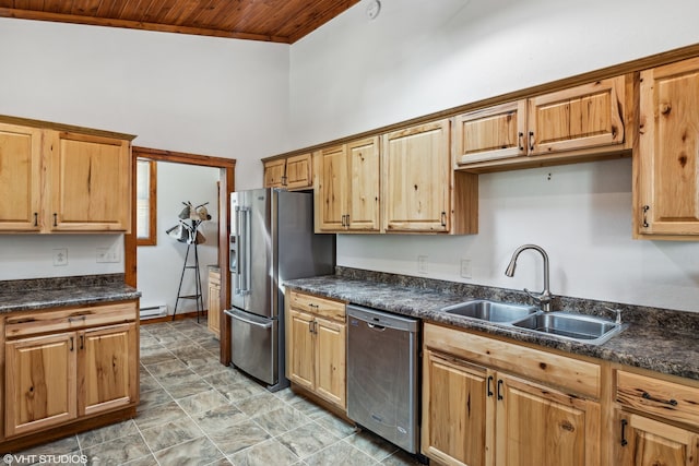 kitchen featuring appliances with stainless steel finishes, wood ceiling, baseboard heating, sink, and high vaulted ceiling