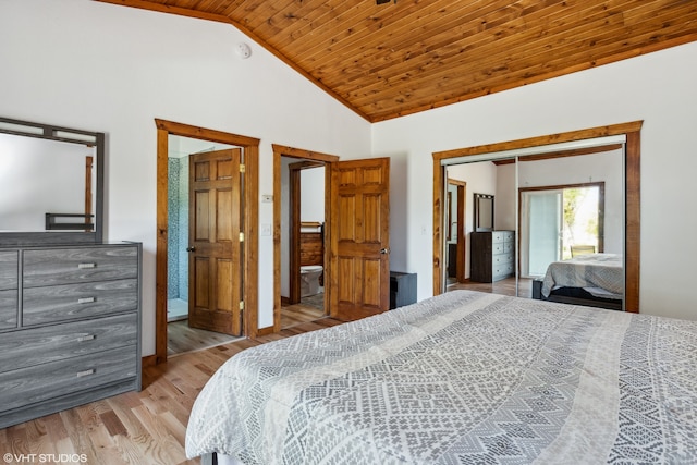 bedroom with vaulted ceiling, wooden ceiling, connected bathroom, light hardwood / wood-style floors, and a closet