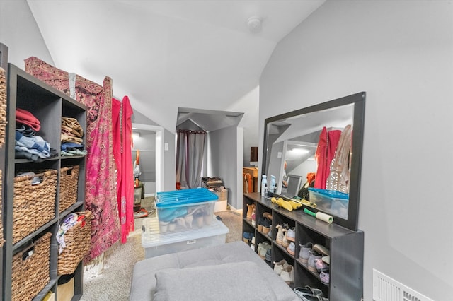 walk in closet featuring carpet flooring and vaulted ceiling