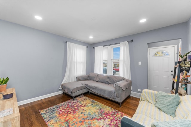 living room featuring dark wood-type flooring