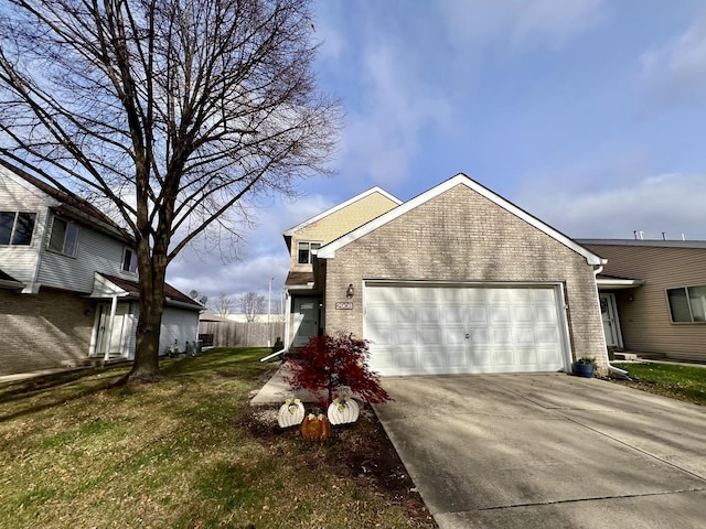 view of property exterior featuring a garage and a lawn