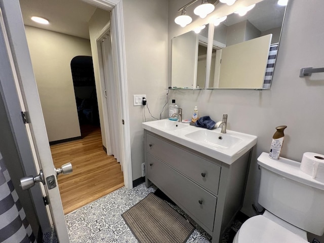 bathroom featuring vanity, toilet, and wood-type flooring