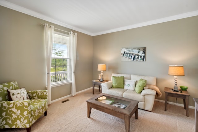 carpeted living room featuring crown molding