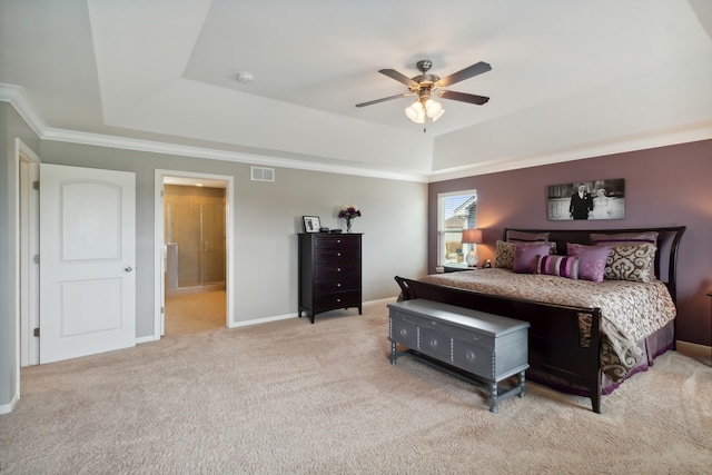 bedroom with ceiling fan, light colored carpet, and ornamental molding