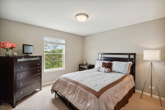 bedroom featuring light colored carpet