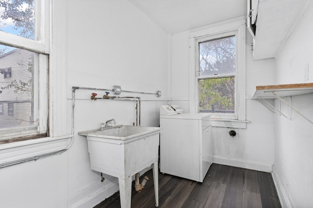 laundry area featuring washer / dryer, dark hardwood / wood-style flooring, and sink