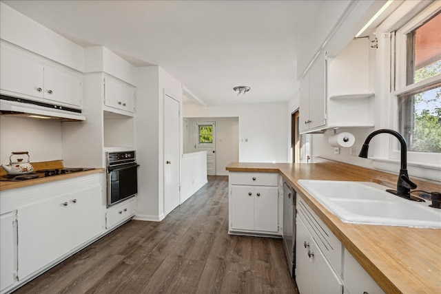 kitchen featuring black oven, sink, and white cabinets