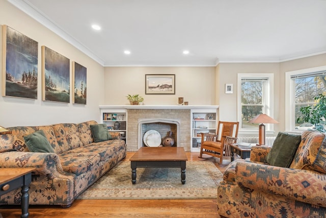 living room with a fireplace, wood-type flooring, and ornamental molding