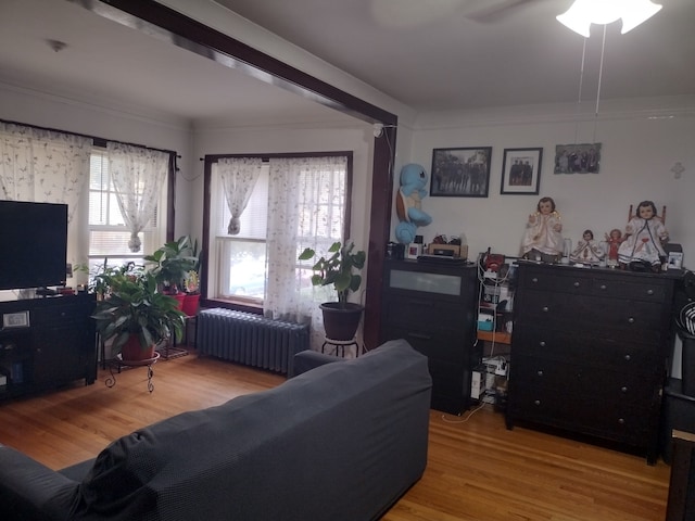 living room with hardwood / wood-style flooring, ceiling fan, and radiator