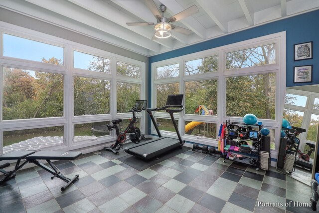 exercise room with a wealth of natural light and ceiling fan