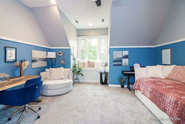 bedroom featuring carpet, ceiling fan, and vaulted ceiling