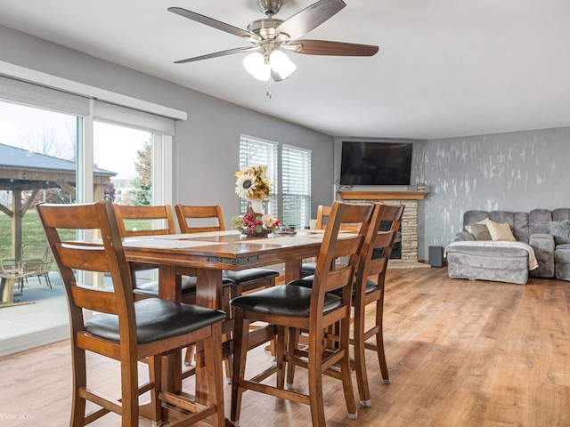 dining space featuring ceiling fan, a fireplace, and light hardwood / wood-style flooring