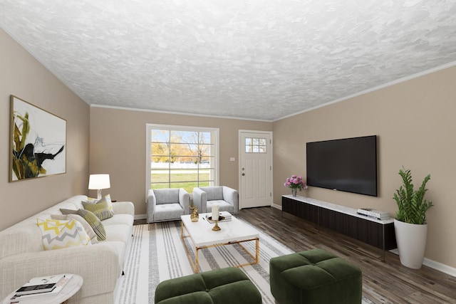 living room with dark wood-type flooring, a textured ceiling, and ornamental molding