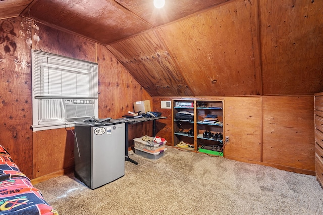 bonus room with carpet, wood ceiling, wooden walls, and vaulted ceiling