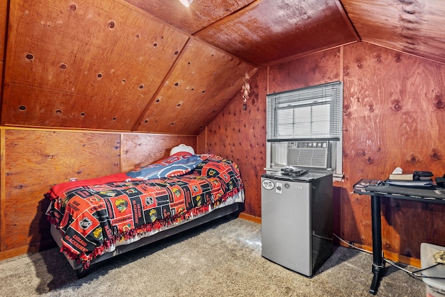 bedroom featuring stainless steel fridge, carpet, wood ceiling, and wood walls