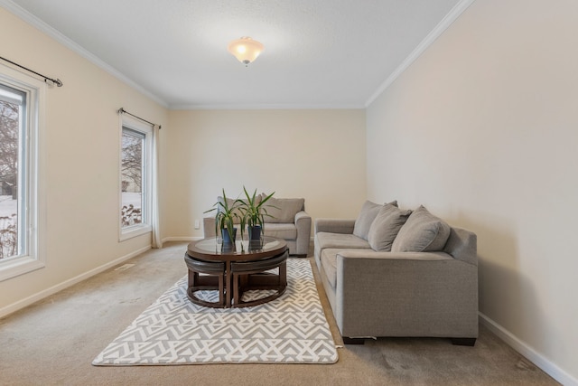 carpeted living room featuring a wealth of natural light and ornamental molding