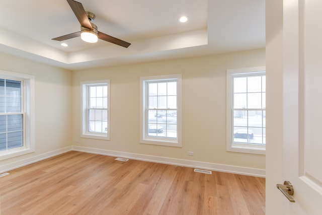 unfurnished room with a raised ceiling, light hardwood / wood-style flooring, a wealth of natural light, and ceiling fan