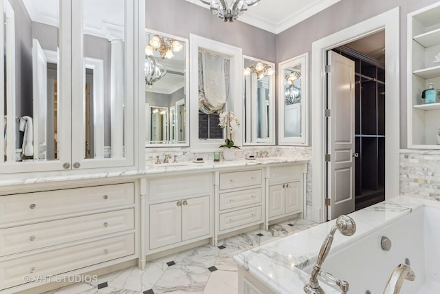 full bathroom featuring a sink, marble finish floor, double vanity, and crown molding