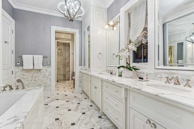 bathroom with a stall shower, ornamental molding, and a sink