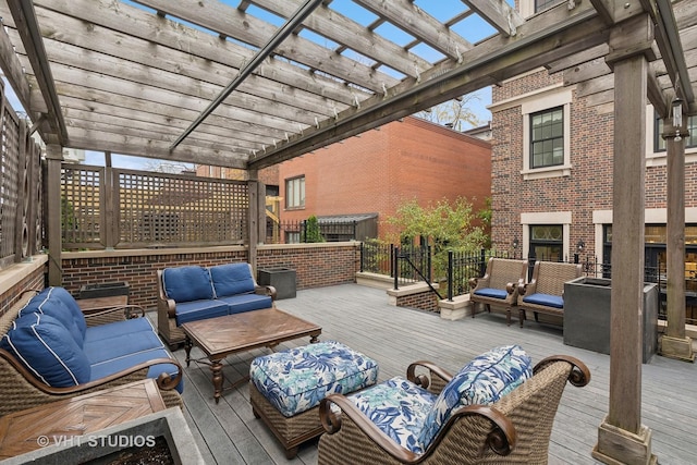 deck with an outdoor living space and a pergola