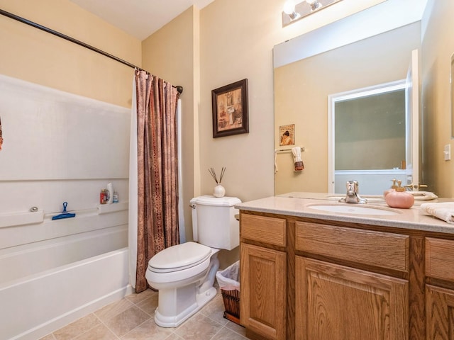 full bathroom with toilet, vanity, tile patterned flooring, and shower / bathtub combination with curtain