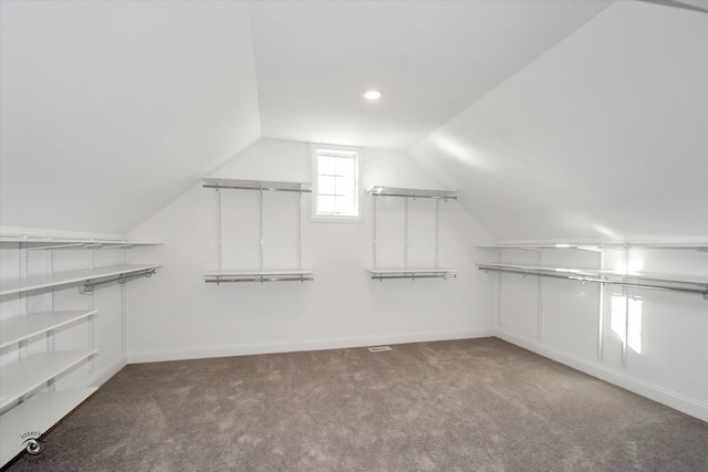 spacious closet with carpet and lofted ceiling