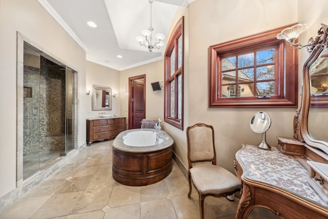 bathroom with vanity, a shower with shower door, crown molding, and an inviting chandelier