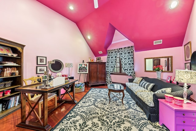 interior space featuring high vaulted ceiling and dark hardwood / wood-style floors