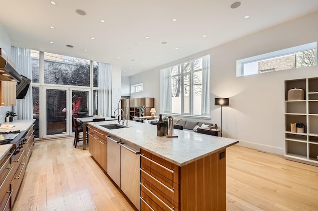 kitchen featuring an island with sink, sink, light stone counters, and light hardwood / wood-style flooring