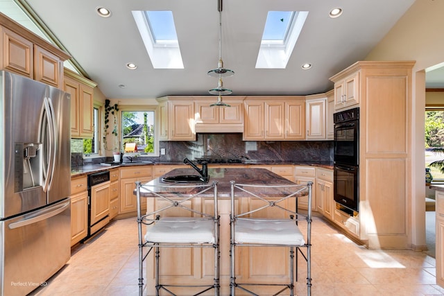 8542 W 132nd Pl, Palos Park, IL 60464 - kitchen featuring stainless steel fridge, a skylight, light brown cabinets, backsplash, and lofted ceiling