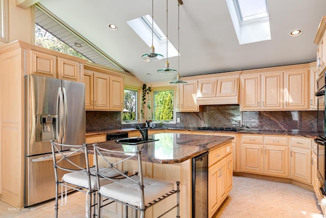 8542 W 132nd Pl, Palos Park, IL 60464 - kitchen with a skylight, stainless steel refrigerator with ice dispenser, wine cooler, light brown cabinets, and vaulted ceiling